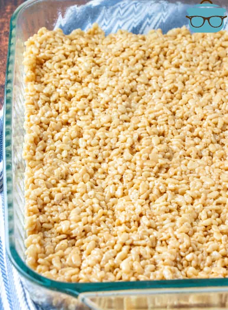 Peanut Butter Rice Krispies Treats in a pan before being sliced