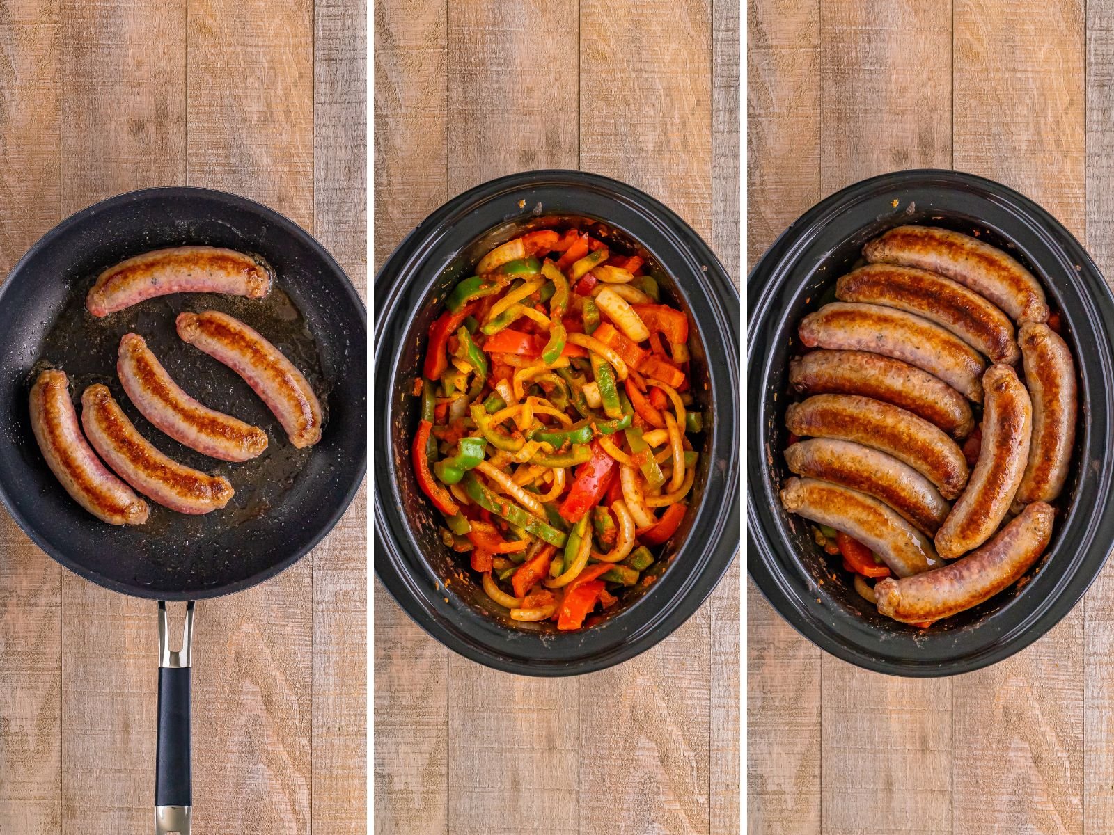 A skillet with cooked Itailian sausage, a Crockpot with cooked peppers and onions and one with sausages on top of the peppers and onions, 