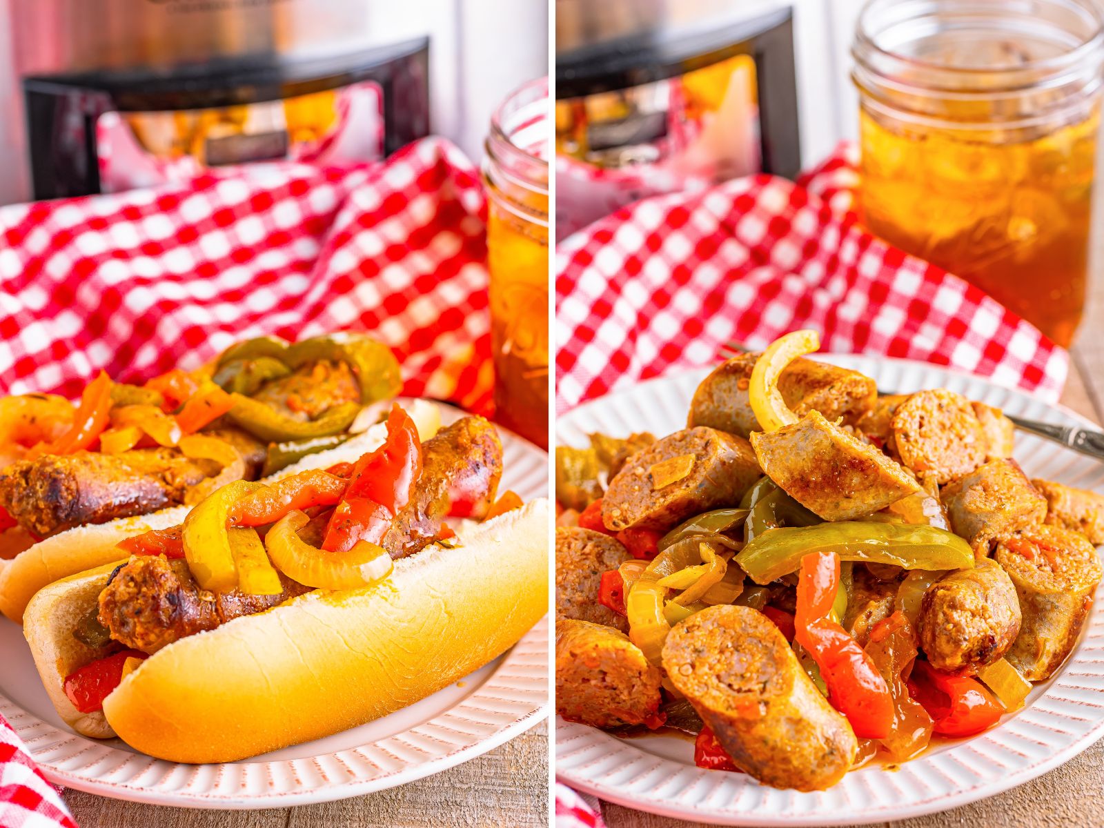 Sausage and Peppers on a hot dog bun and a plate of Crock Pot Sausage and Peppers.