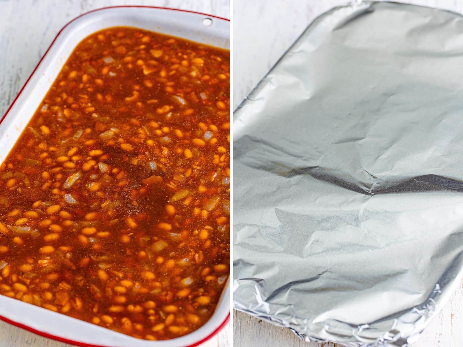A baking dish filled with Baked Beans, and a dish covered with aluminum foil.
