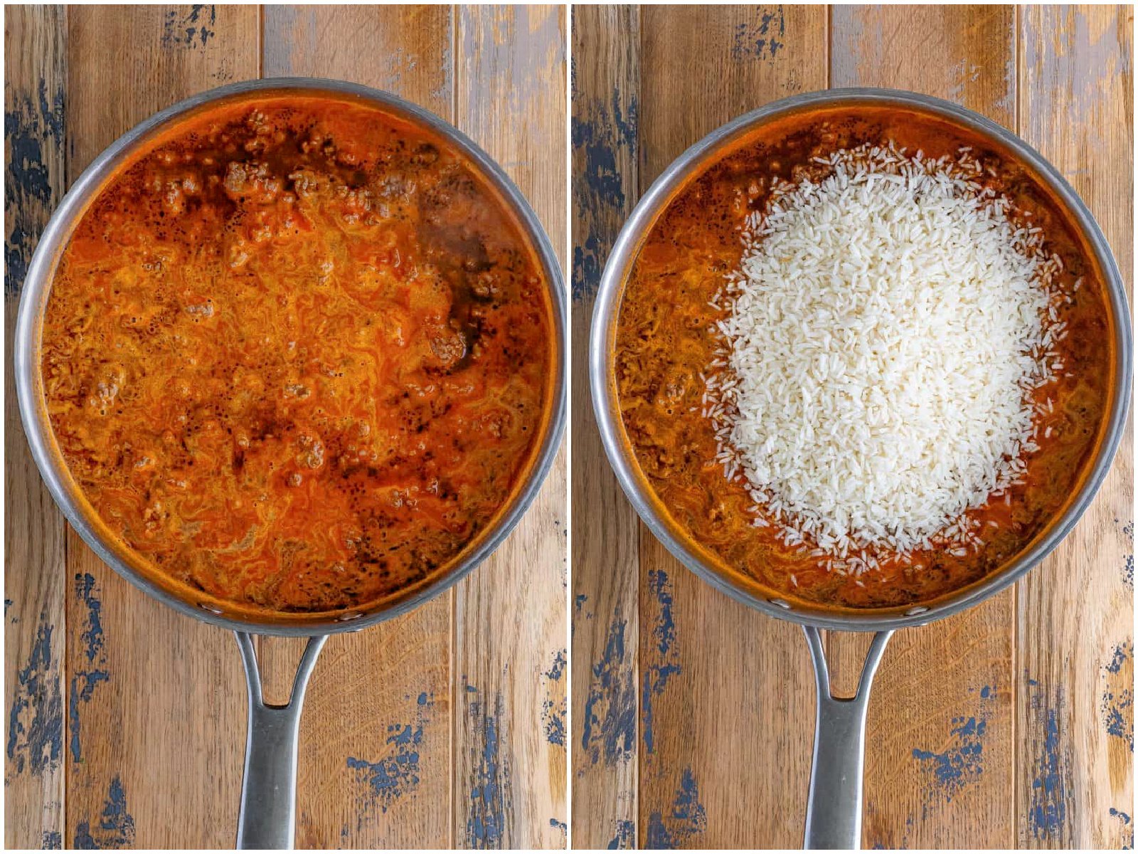 collage of two photos: taco beef mixture coming to boil in a skillet; minute rice added to skillet. 