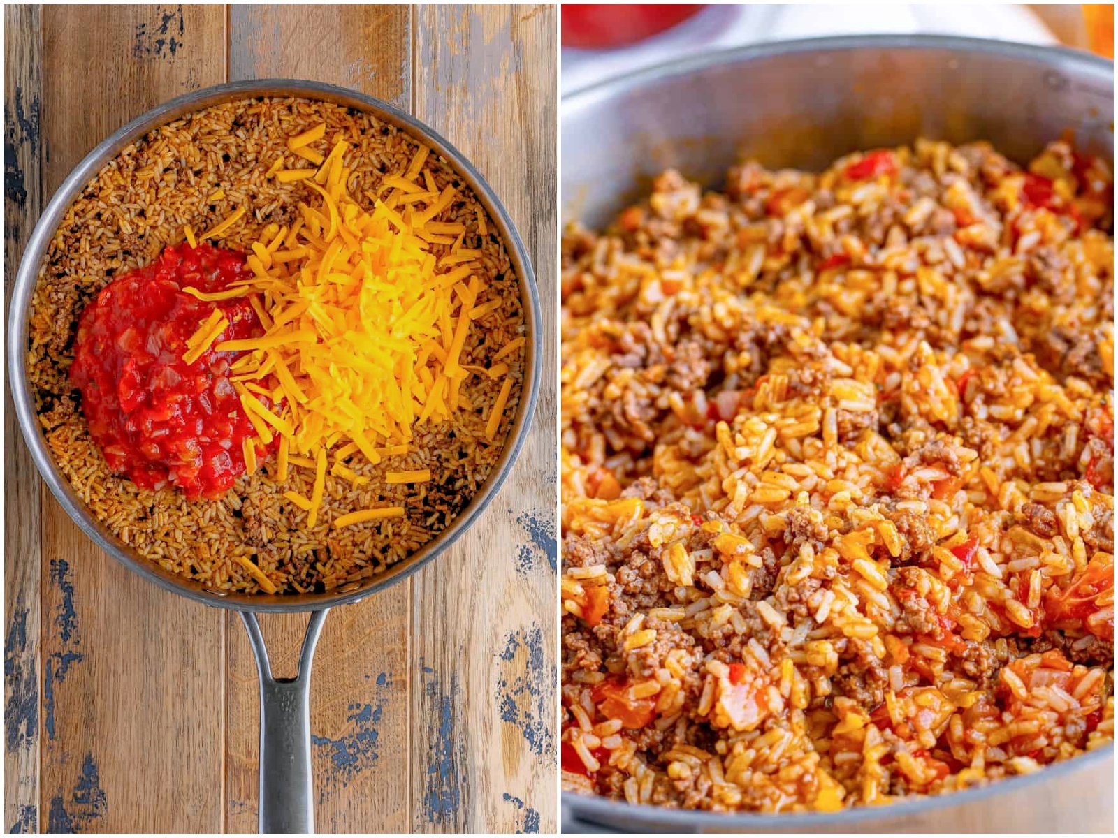 collage of two photos: salsa and shredded cheese added to cooked rice in skillet; fully finished taco rice in skillet.