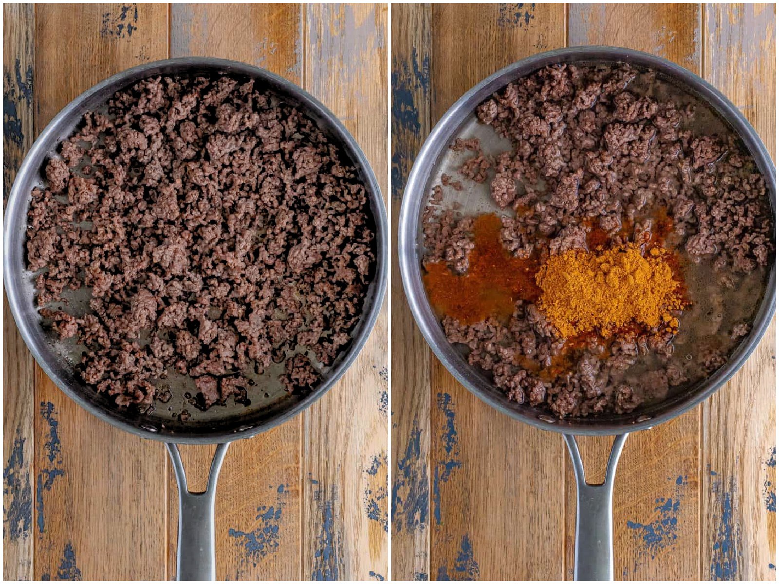 collage of two photos: browning and crumbling ground beef in a large skillet; taco seasoning and water added to ground beef. 