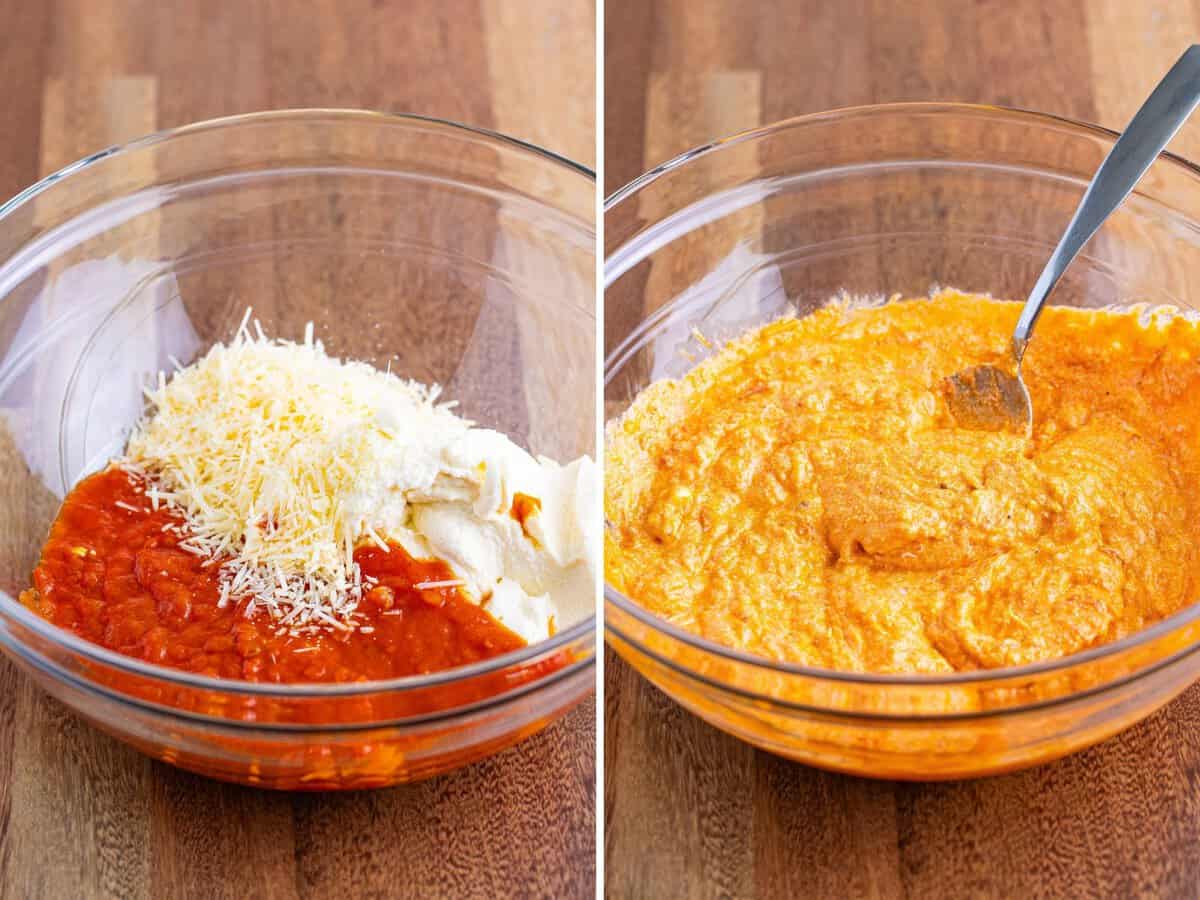 A mixing bowl with marinara sauce, ricotta cheese and parmesan cheese. A mixed up bowl of cheese sauce.