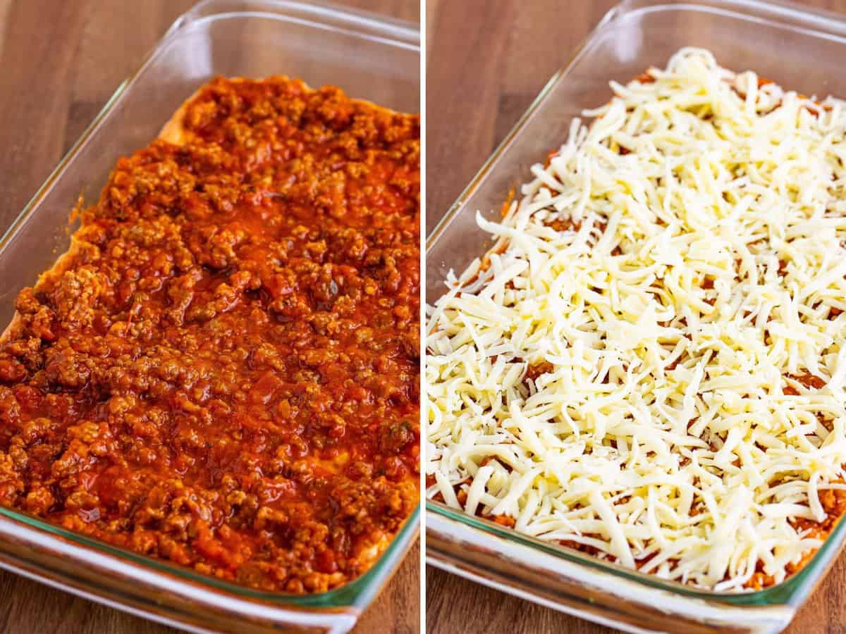 Sausage and sauce layer spread over biscuit and cheese layer. A baking dish with layered unbaked Bubble Up Lasagna in a glass baking dish.