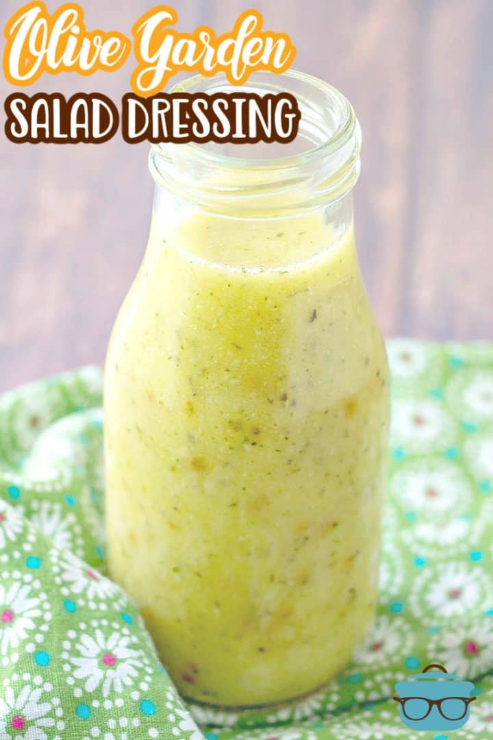 Olive Garden Salad Dressing shown in a small milk jar.