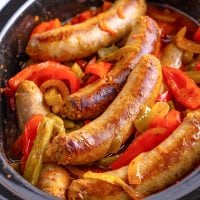 Looking closely down on delicious Sausage and Peppers.