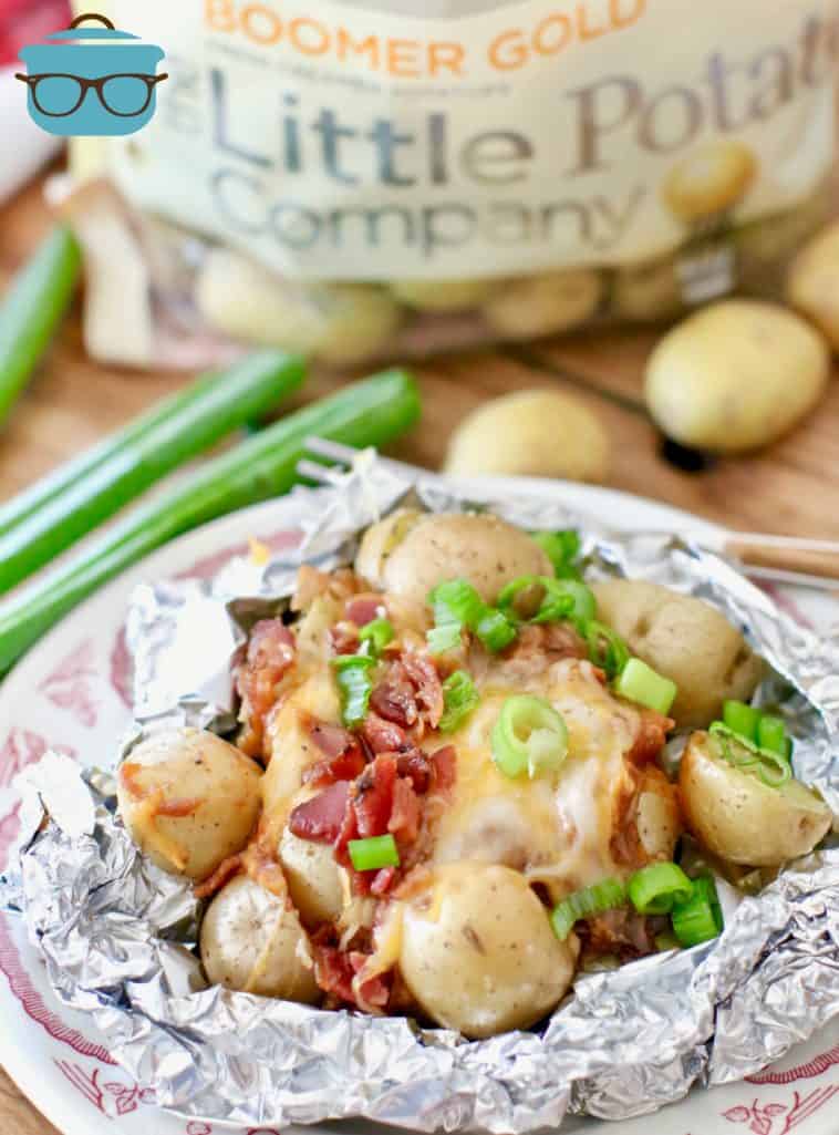 BBQ Pork Potato Cheesy Bacon Foil Packets on a plate topped with sliced green onions
