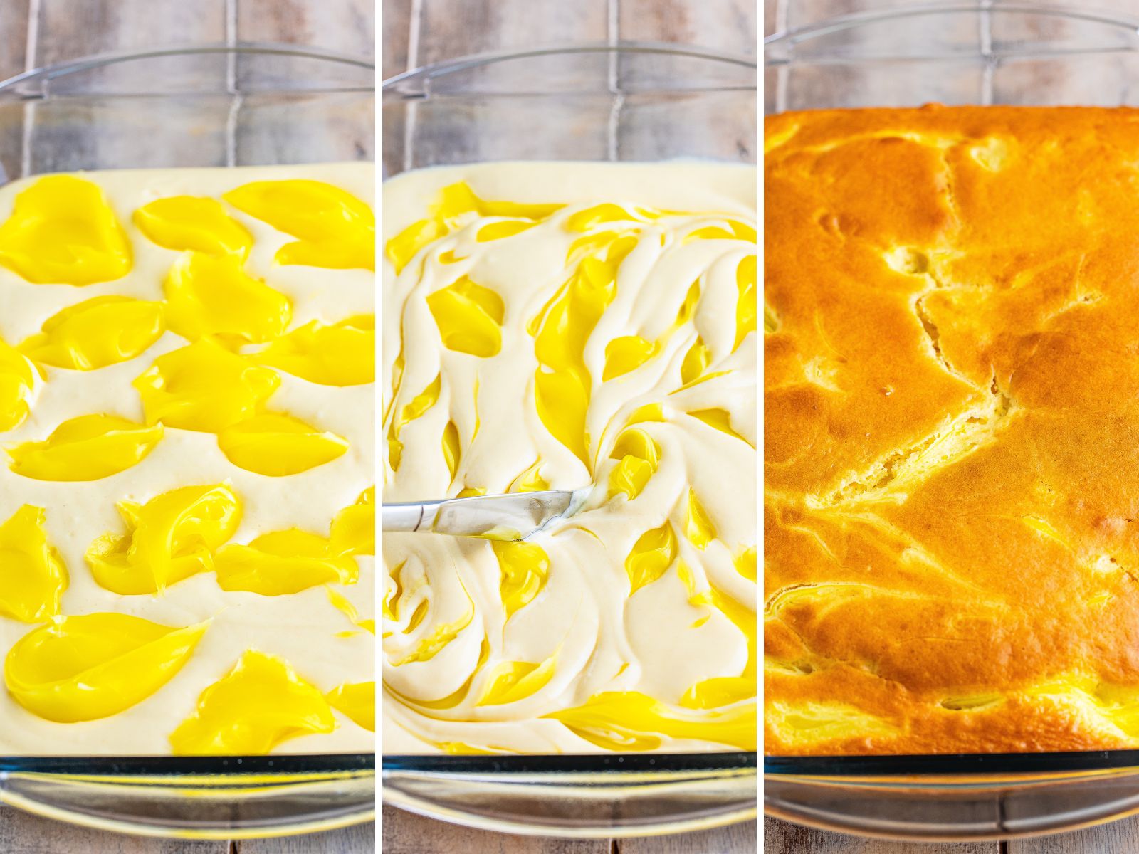 A baking dish with cake mix and lemon curd, then it all swirled and a baking dish with a baked Lemon Cake.