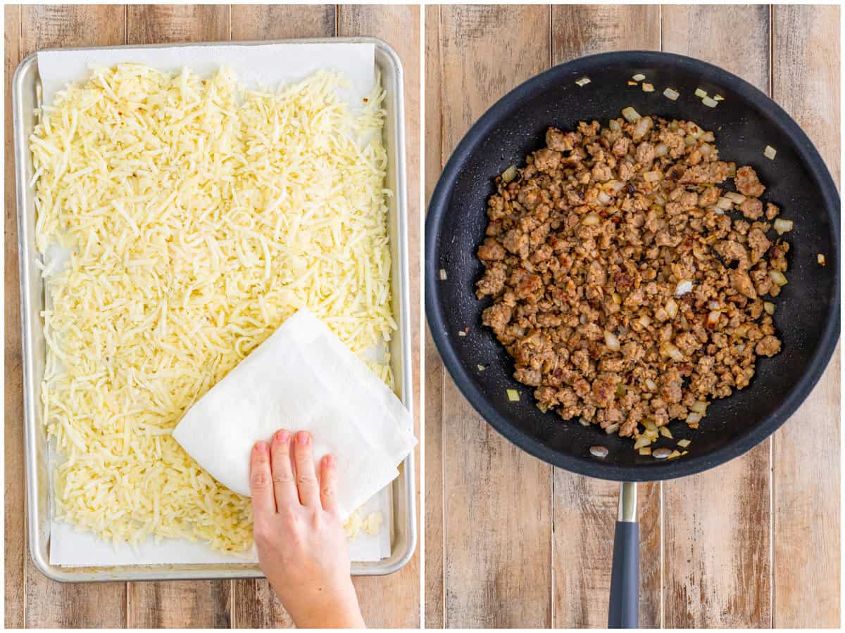 collage of a paper towel drying hash browns on a baking sheet and a cooked and crumbled sausage with onions in a skillet. 