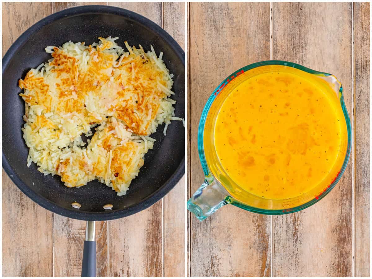 collage photos of browned hash browns in a skillet and eggs, milk, cheese and salt and pepper mixed together in a large glass measuring cup.
