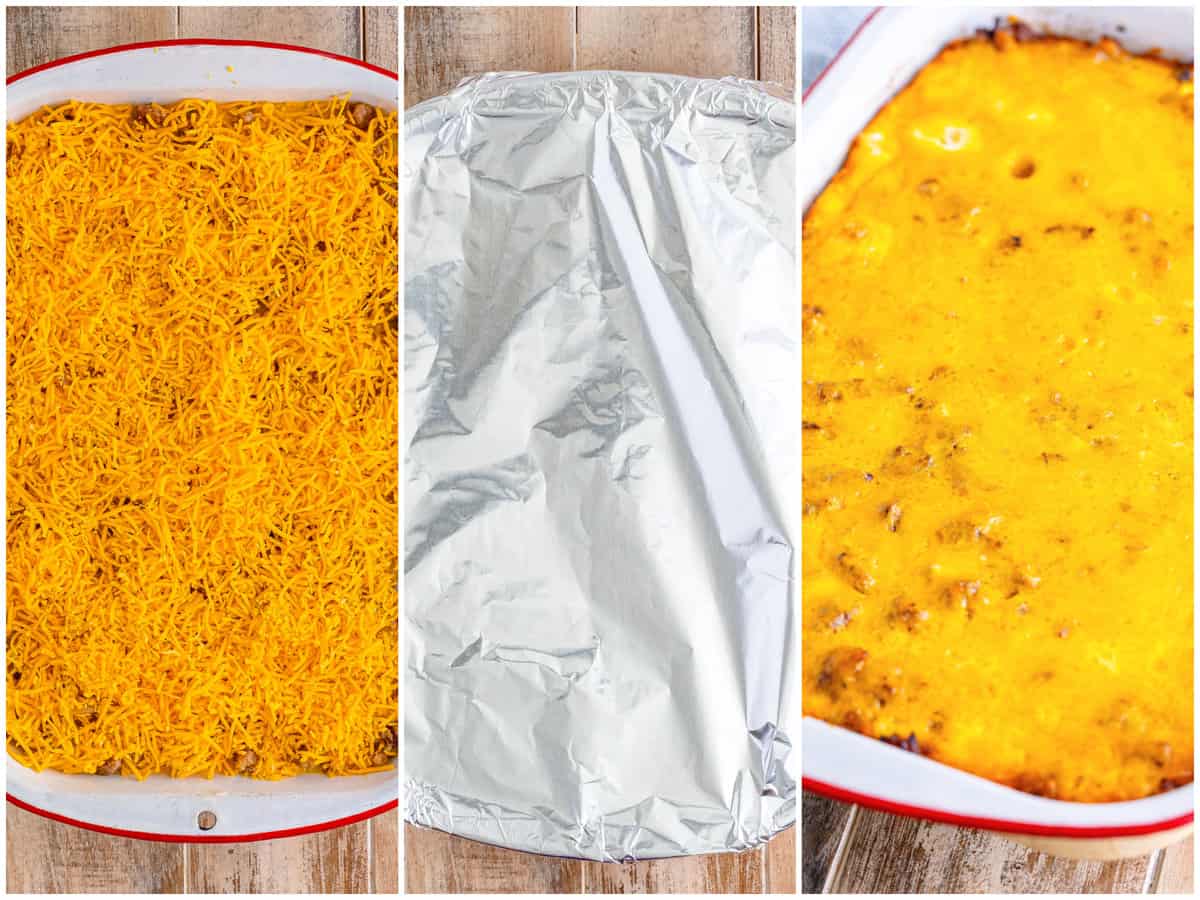 a collage of three photos, one is shredded cheese on top of casserole, second photos is the casserole dish covered with aluminum foil, third photo is fully cooked casserole dish with melted dish. 