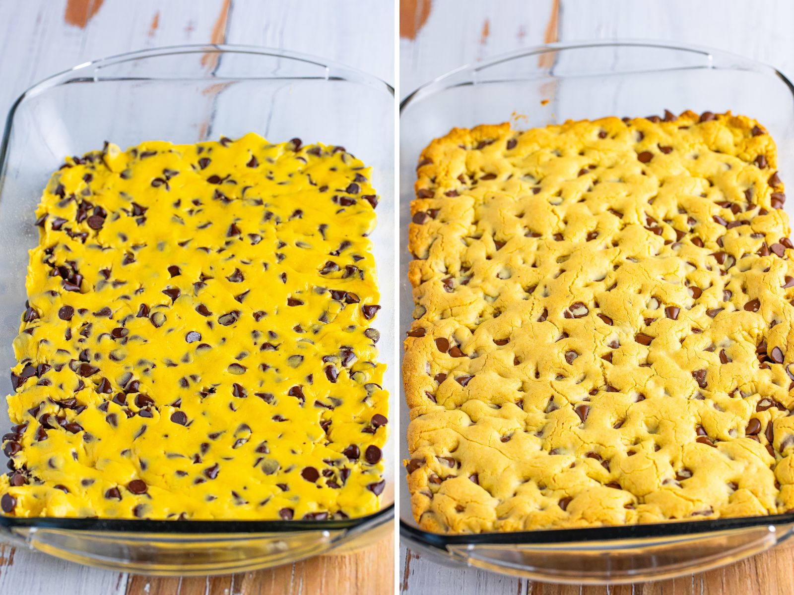 Lazy chocolate chip cookie bars unabked in a dish and a baked chocolate chip cookie bars uncut in a dish.