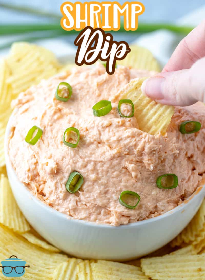 a bowl of shrimp dip with a chip dipped into it.