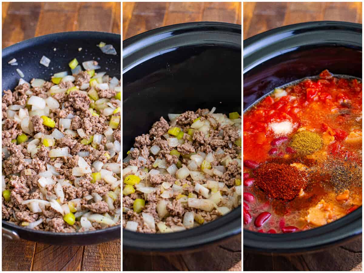 collage of three photos: browning ground beef along with onions and celery in a skillet; ground beef in the bottom of the crock pot; spices, sauces and beans added to the crock pot. 
