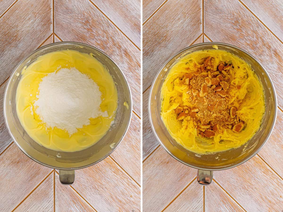 A collage of images: the first being a cream cheese mixture with Banana pudding mix on top of it and the second  being crushed Nila wafers added to the mixture in the stand mixing bowl.