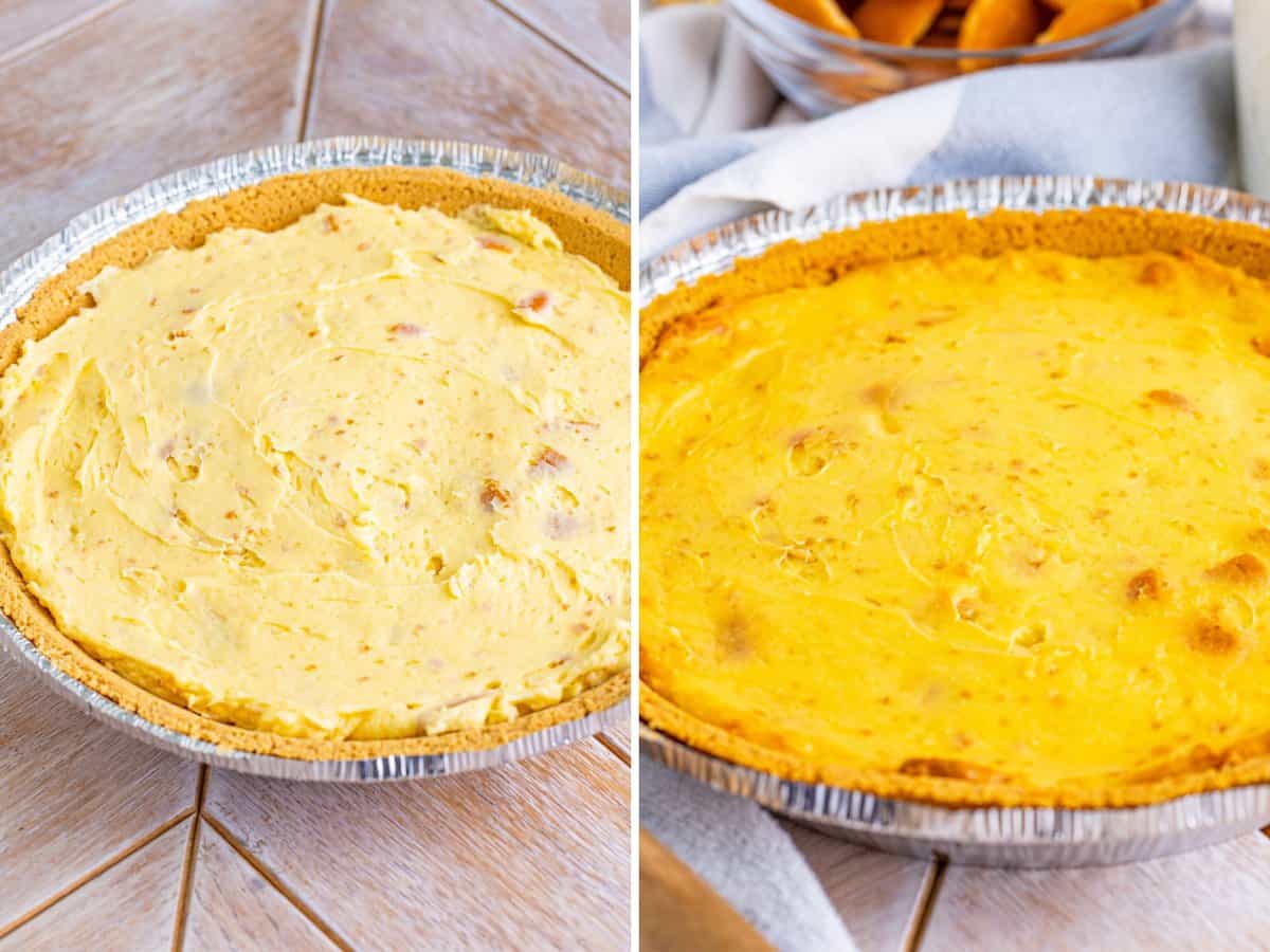 Collage of images: One banana cream cheesecake mixture in a graham cracker crust and the other image of a baked Banana Pudding Cheesecake in a crust.