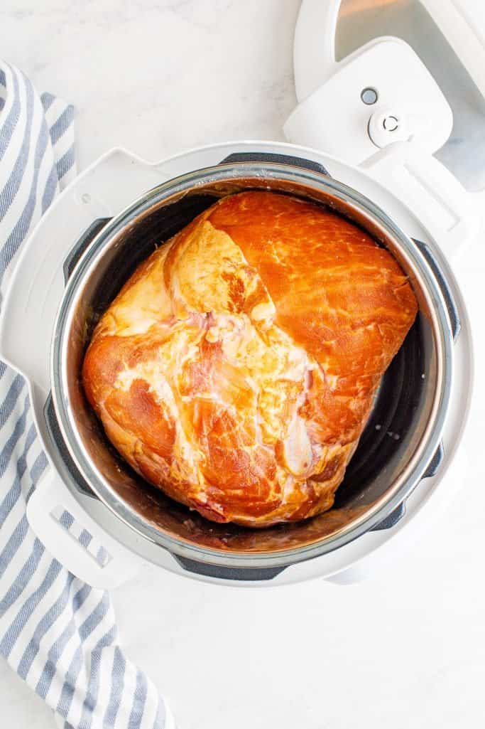 Semi-Boneless ham placed into the bottom of a 6-quart Instant Pot