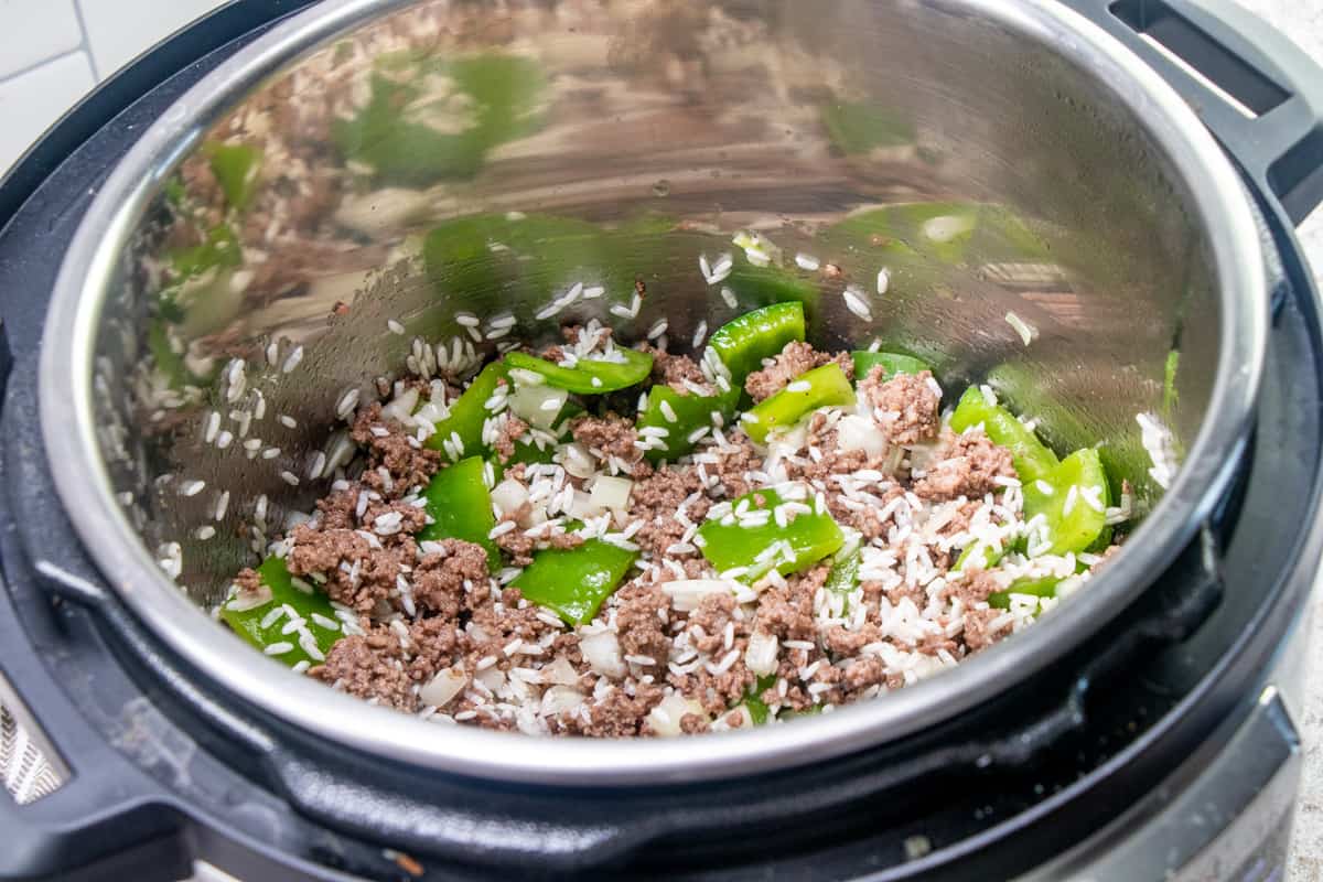 fully cooked ground beef, green peppers, onions in Instant Pot