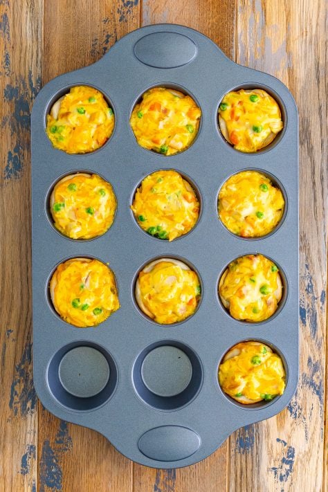 Baked Mini Chicken pot pies in a muffin tin.