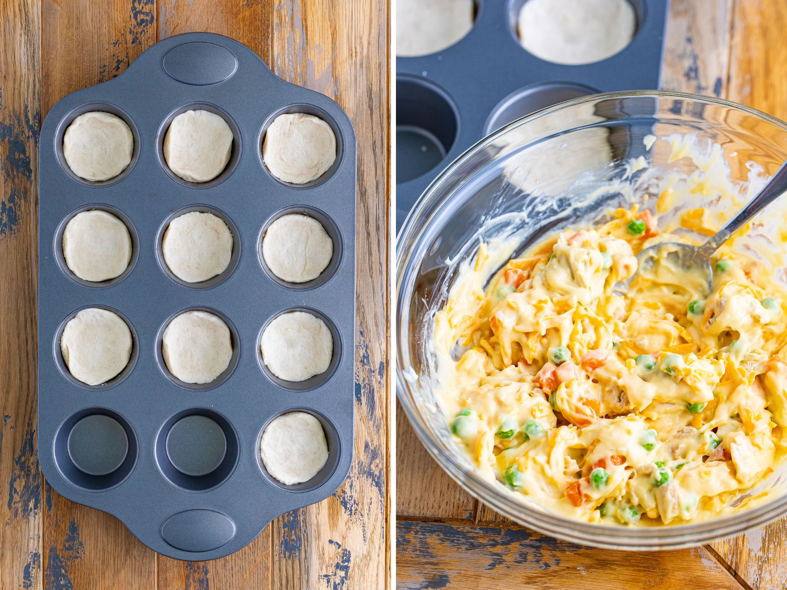 Biscuit pieces in a muffin tin and a bowl with chicken pot pie filling. 