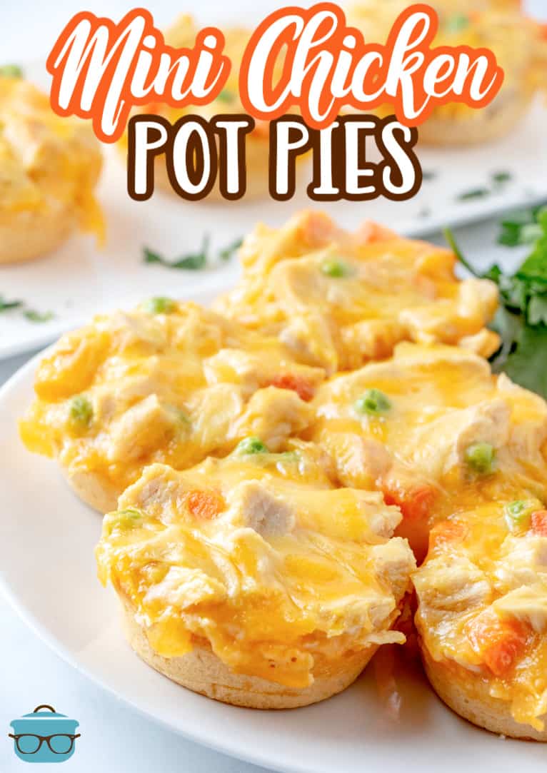several mini chicken pot pies on a white plate. 