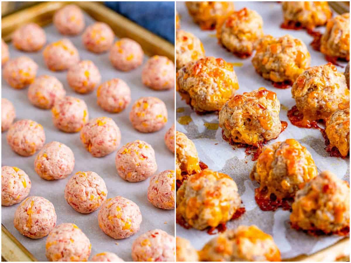 college of two photos: cream cheese sausage balls lined up on a baking sheet; fully cooked sausage balls on a baking sheet. 