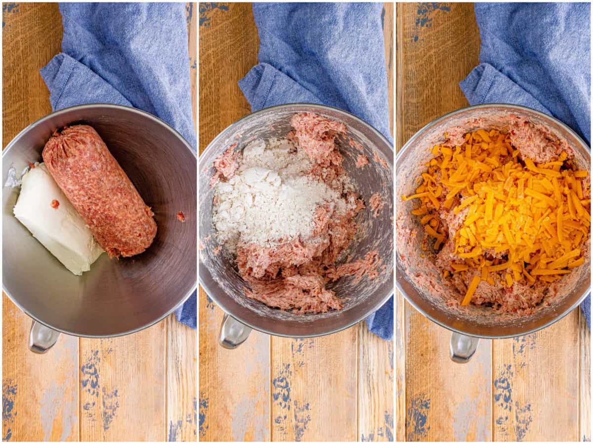 collage of three photos: cream cheese and sausage in the bottom of a stand mixer; Bisquick mix added to sausage mix; shredded cheese added to sausage mix. 