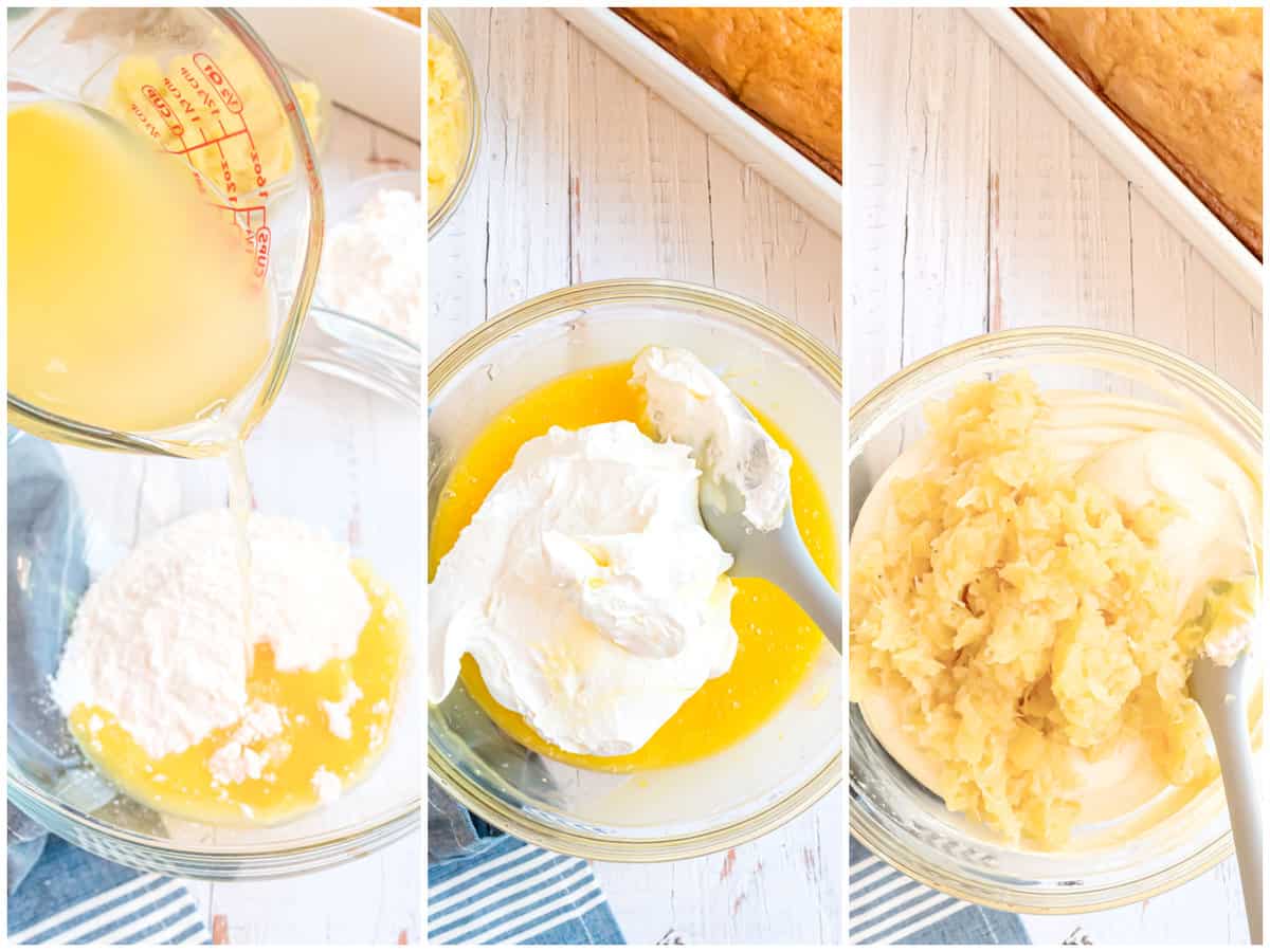 collage of three photos: pineapple juice being poured into a bowl with instant pudding in it, Cool Whip added on top of pineapple pudding mixture and crushed pineapple on top of frosting mix in a bowl.