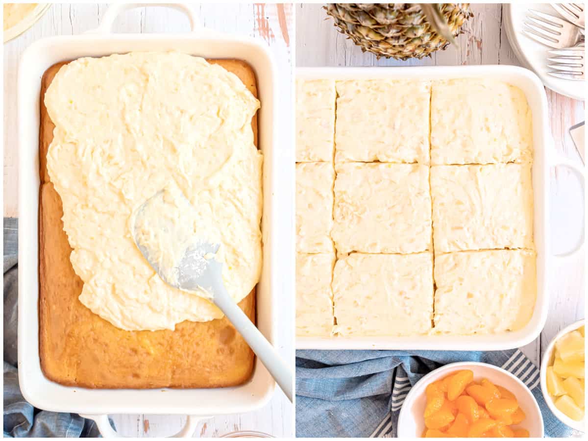 collage of two photos: a spatula spreading forcing onto a cake in a baking dish, frosted cake shown cut into slices. 