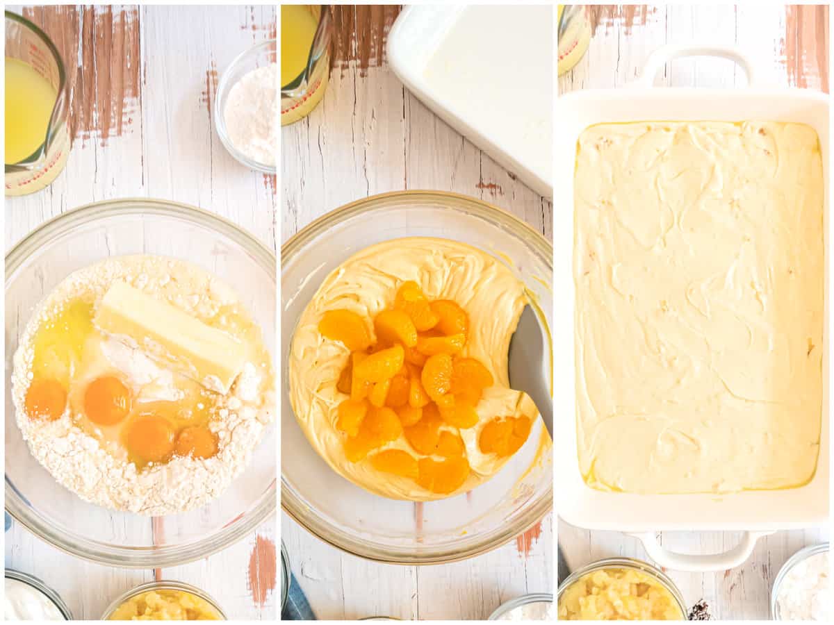 a collage of three photos: cake mix, eggs, butter and mandarin orange juice in a bowl, cake batter with mandarin oranges in the bowl and cake batter spread out in a whit baking dish. 