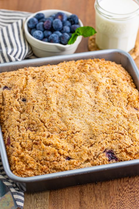 fully baked blueberry buckle with golden brown topping.