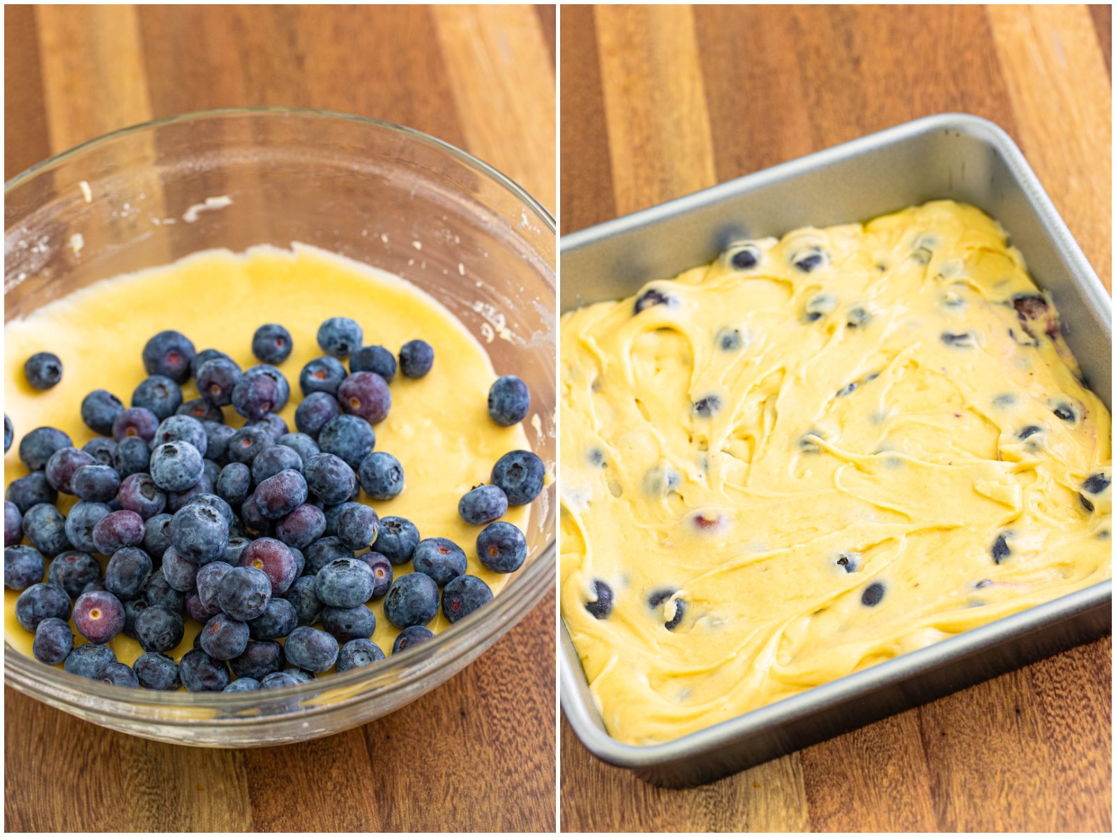 collage of two photos: blueberries added to cake batter in bowl; blueberry buckle batter spread into a cake pan.