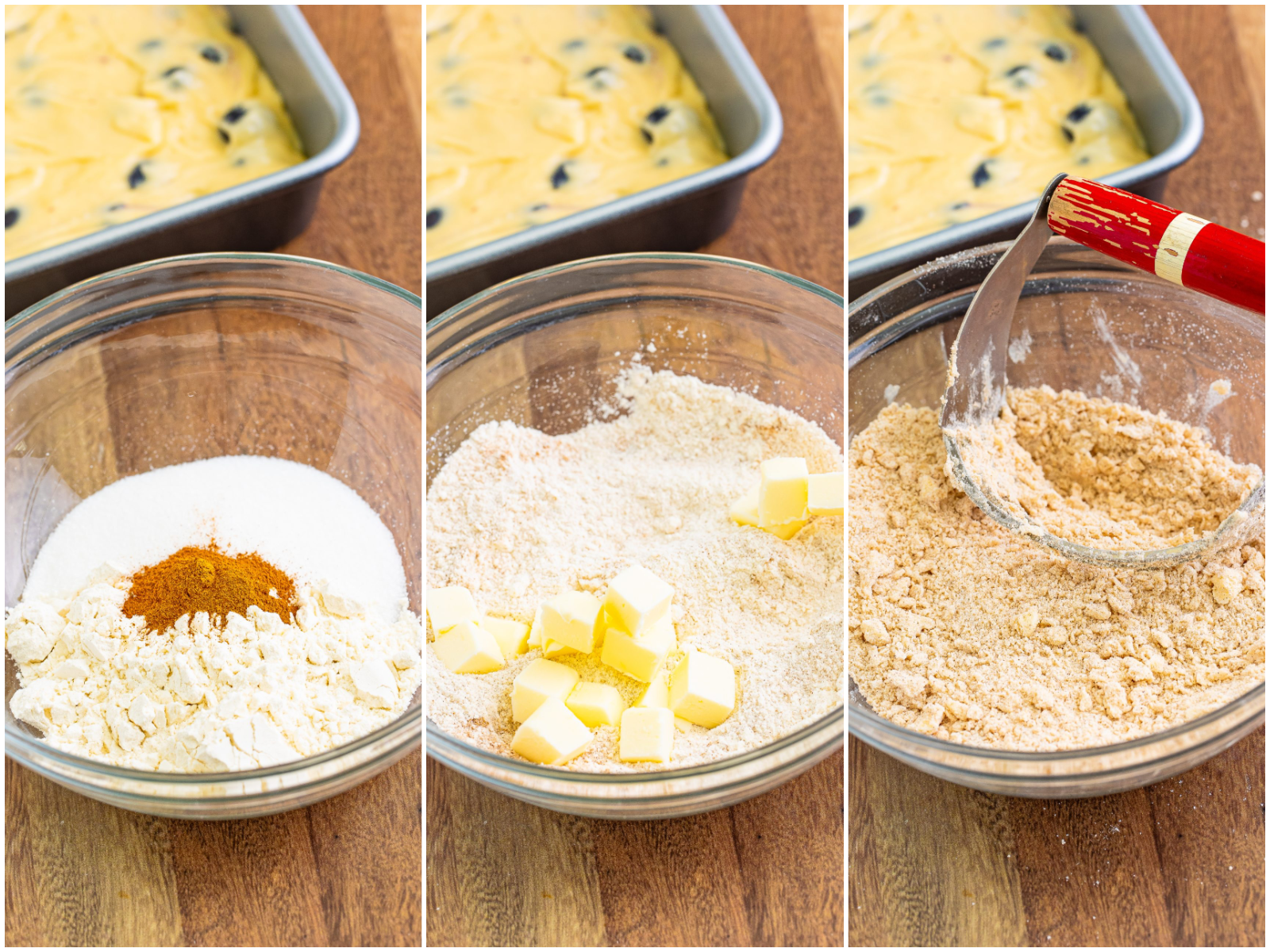 collage of three photos: cinnamon, sugar and flour added to small bowl; cubed butter added to crumble topping mixture in a small bowl; pastry cutter shown in a bowl with butter and crumble mixture.