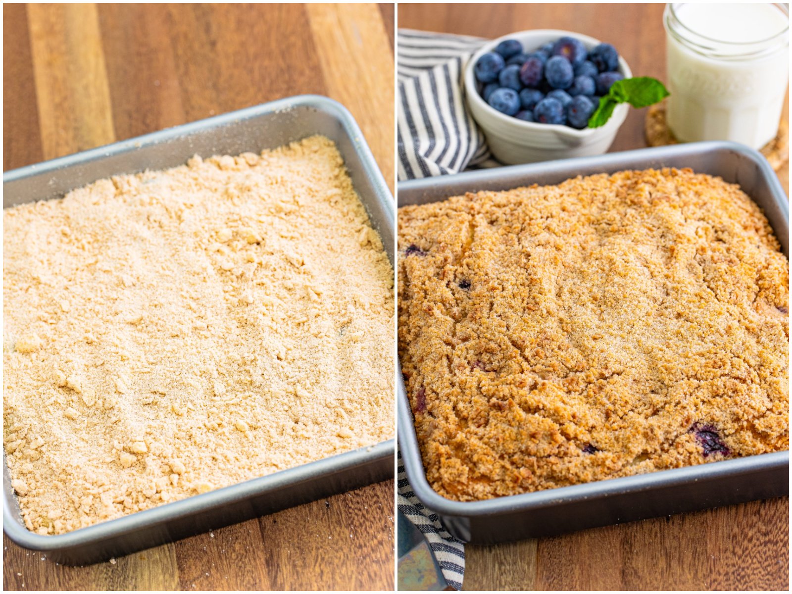 collage of two photos: crumble topping spread on top of blueberry buckle cake batter; fully baked blueberry buckle with golden brown topping.
