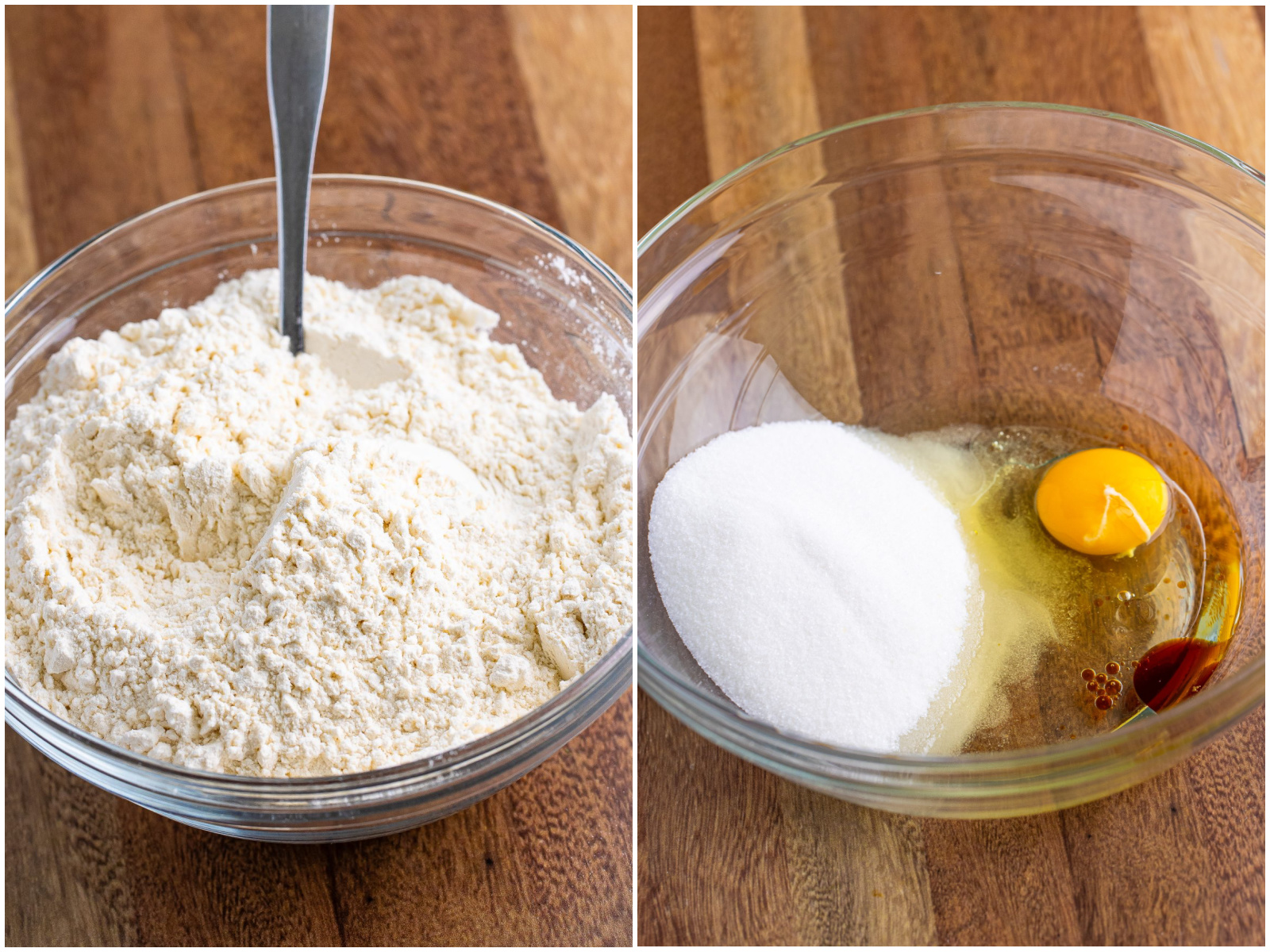 collage of two photos: flour, salt, baking powder with a fork in a bowl; eggs, oil and sugar in another bowl.  