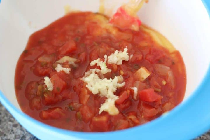 salsa, cream of chicken soup and minced garlic shown in a bowl with a spoon.