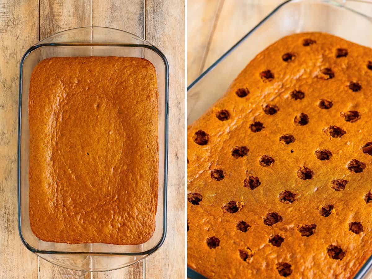 A baked Carrot Cake in a glass baking dish.A baked Carrot Cake with holes in it.