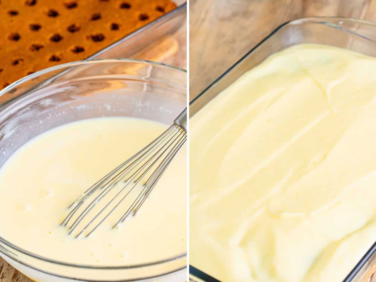 A whisk in a bowl of cheesecake pudding. Cheesecake pudding spread over a carrot cake with holes.