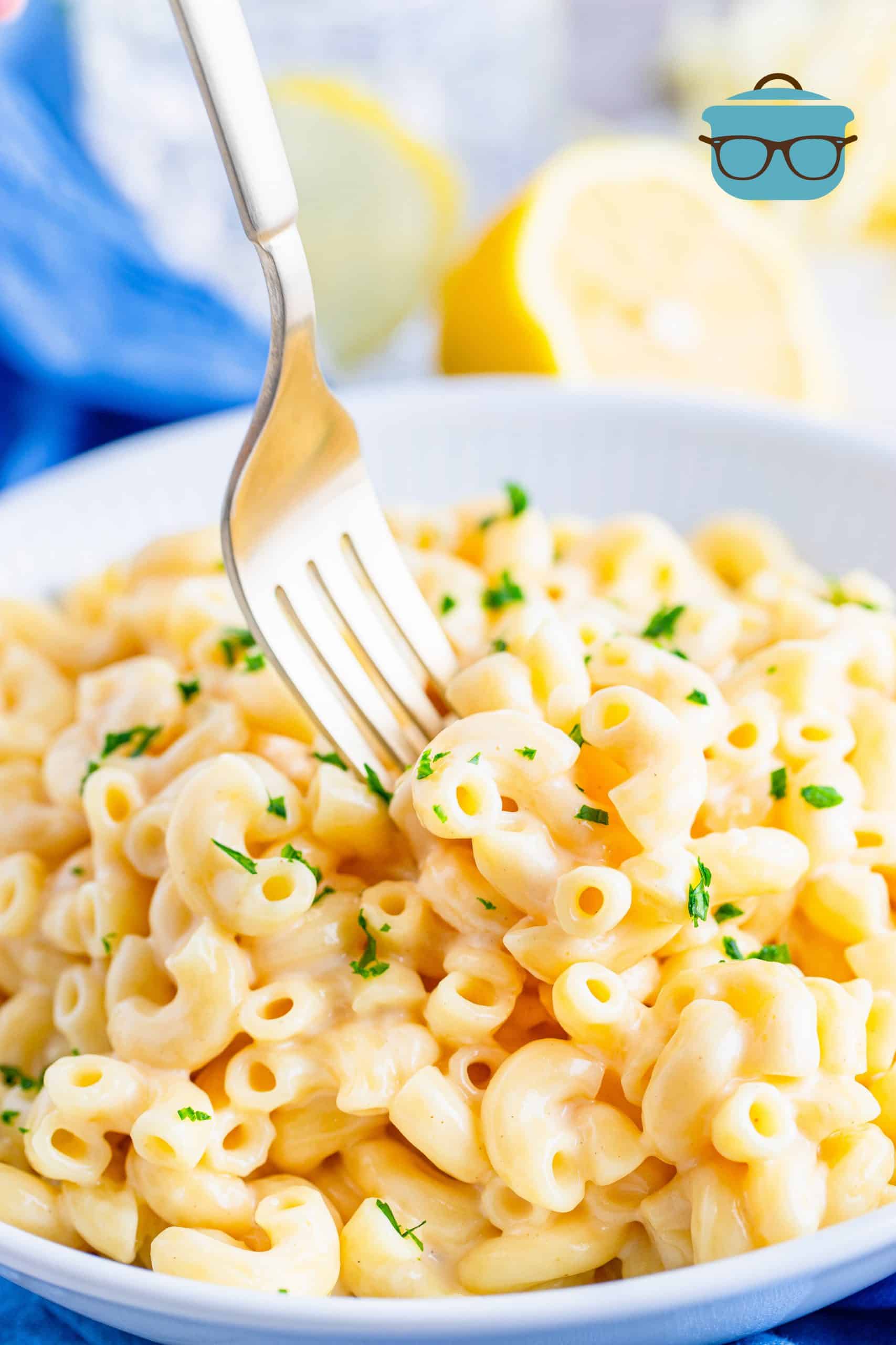 Instant Pot Macaroni and Cheese shown on a white plate with a fork.