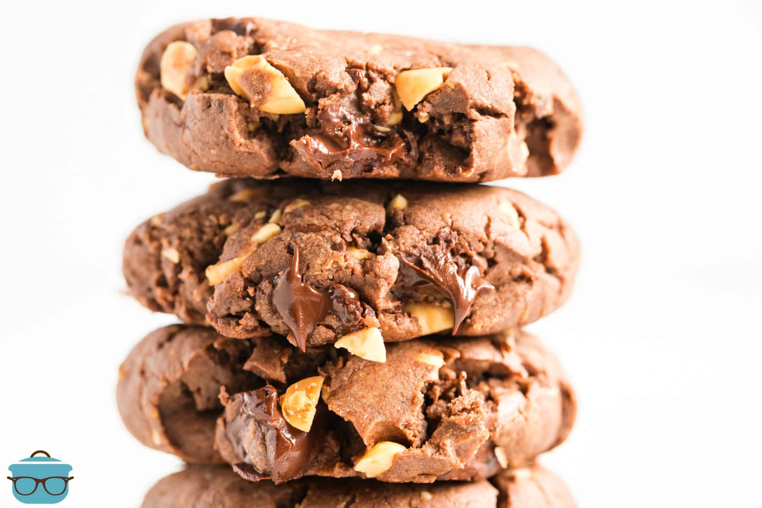 closeup image of Chocolate Peanut Butter Cookies stacked.