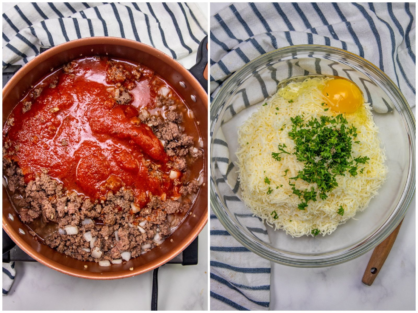 collage of two photos: spaghetti sauce and water added to beef mixture in skillet; cottage cheese, egg, parmesan cheese and parsley in a clear bowl. 