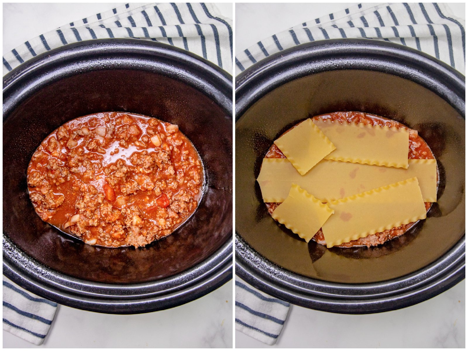 collage of two photos: a little spaghetti sauce coating the bottom of the slow cooker; lasagna noodles broken up and put on top of sauce. 