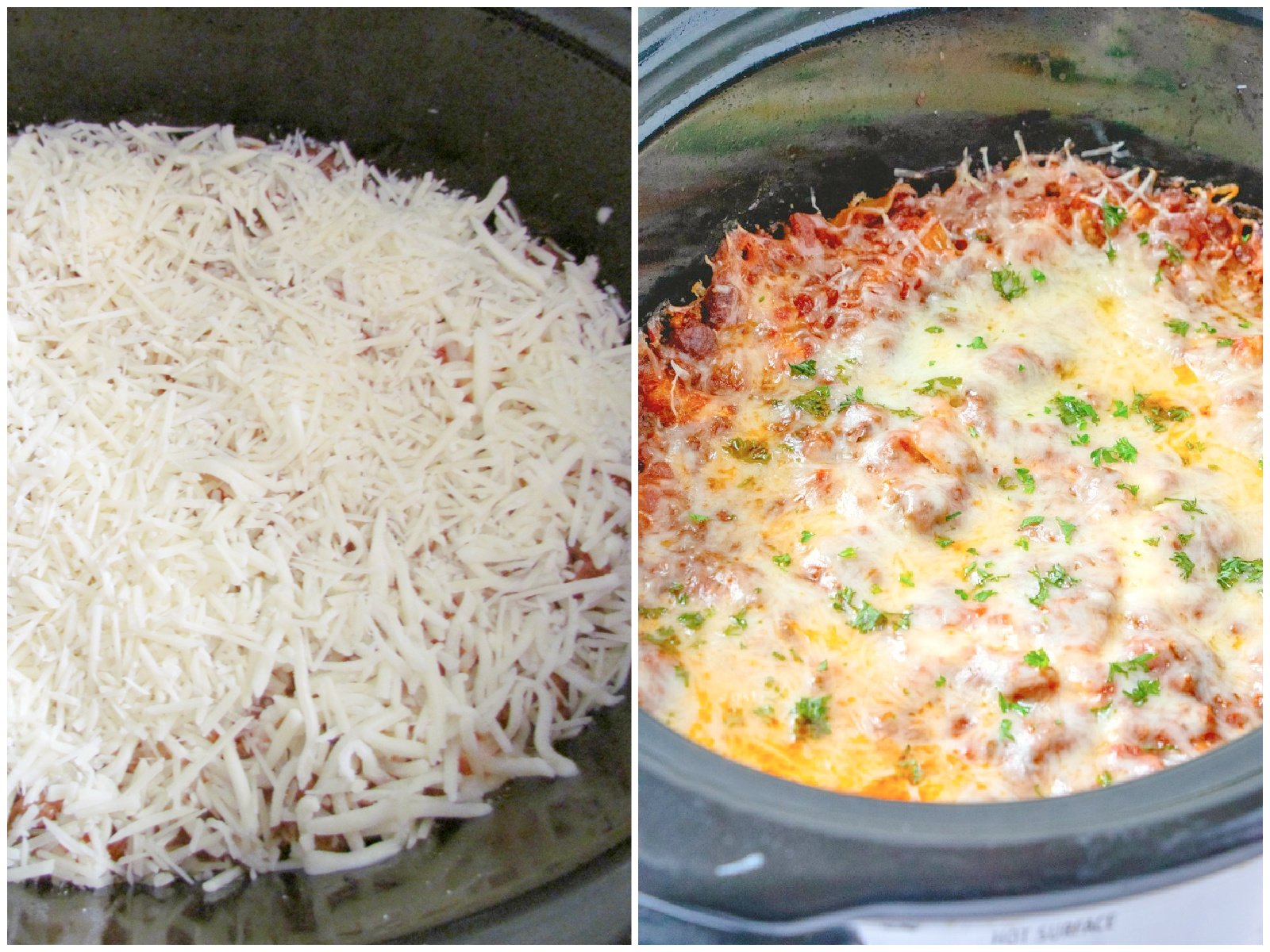 collage of two photos: shredded cheeses added on top of cooked lasagna; fully melted cheeses on top of lasagna in slow cooker. 