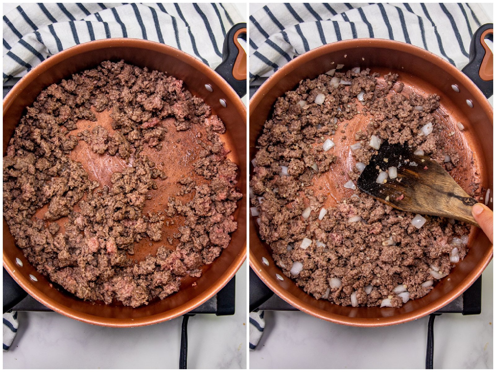 collage of two photos: brown and crumbled ground beef in a skillet; diced onions and minced garlic added to beef mixture. 