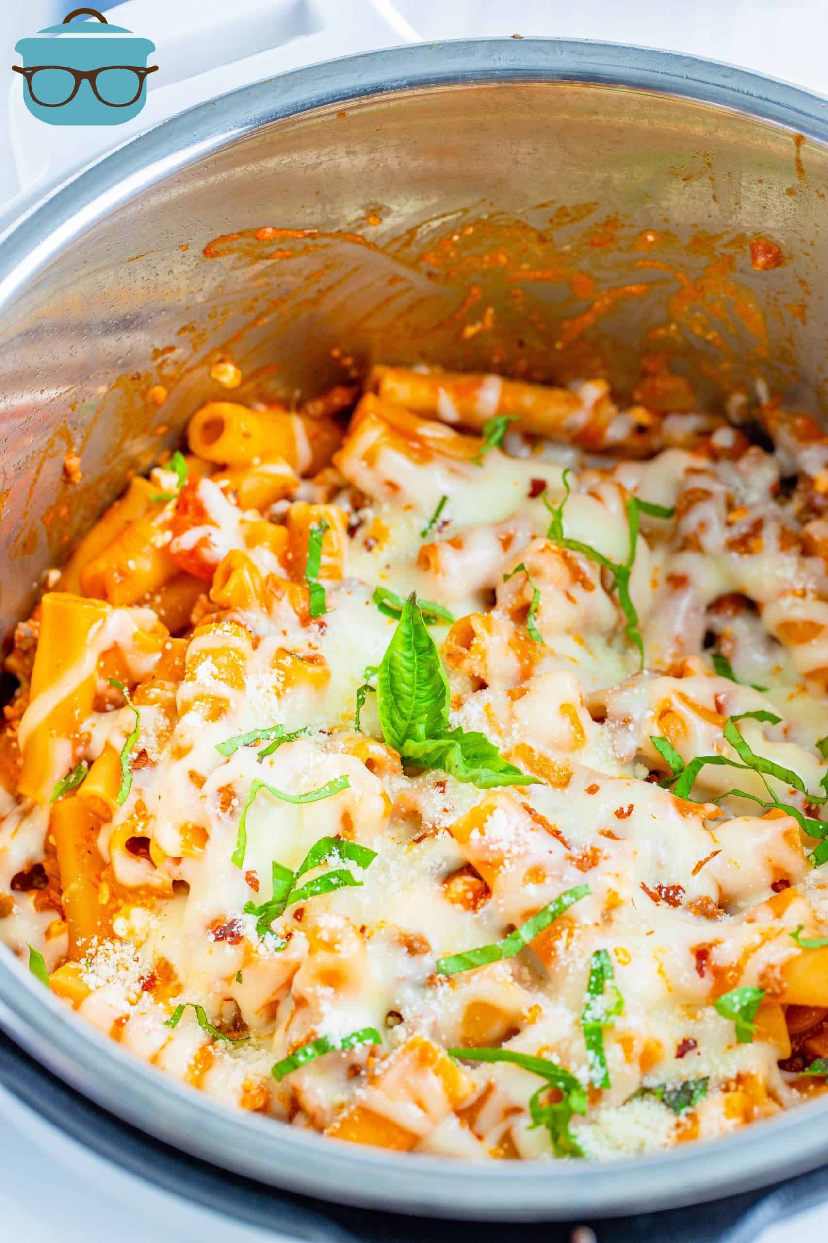 Instant Pot Baked Ziti, fully cooked with melted mozzarella on top.