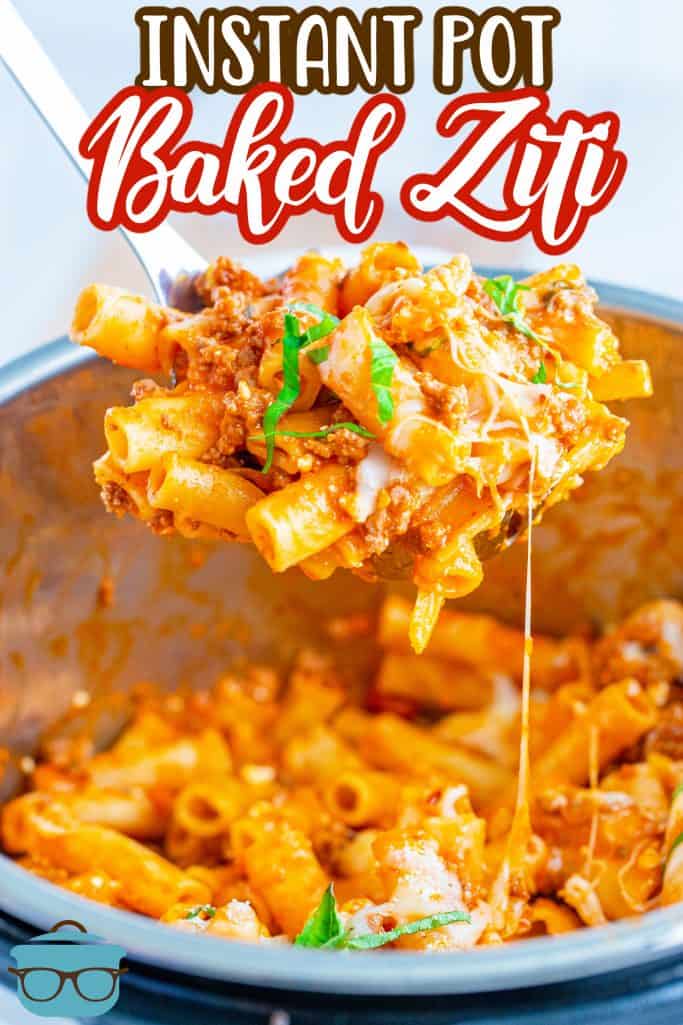 Instant Pot Baked Ziti recipe from The Country Cook, a scoop of cooked baked ziti shown on a serving spoon