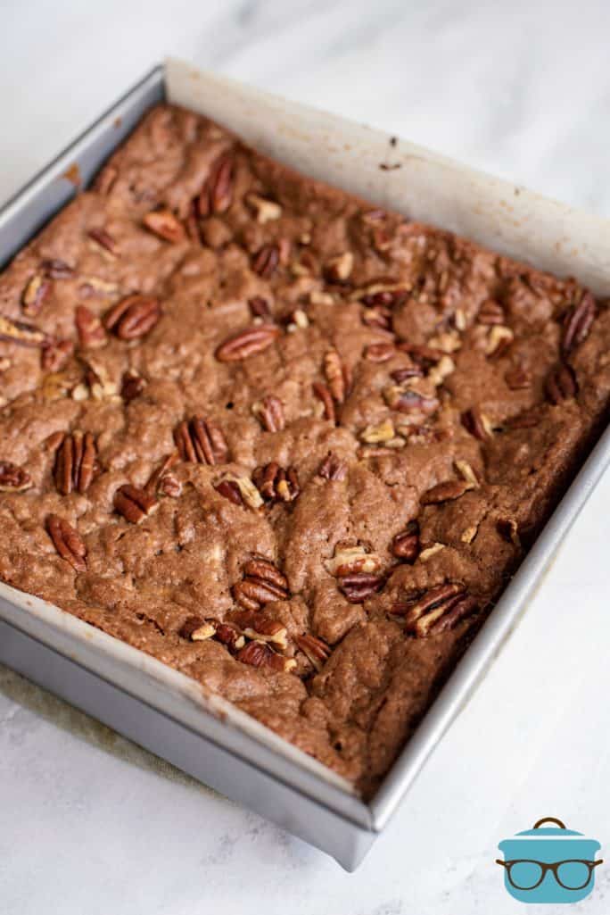 fully baked Turtle Brownies in a baking pan