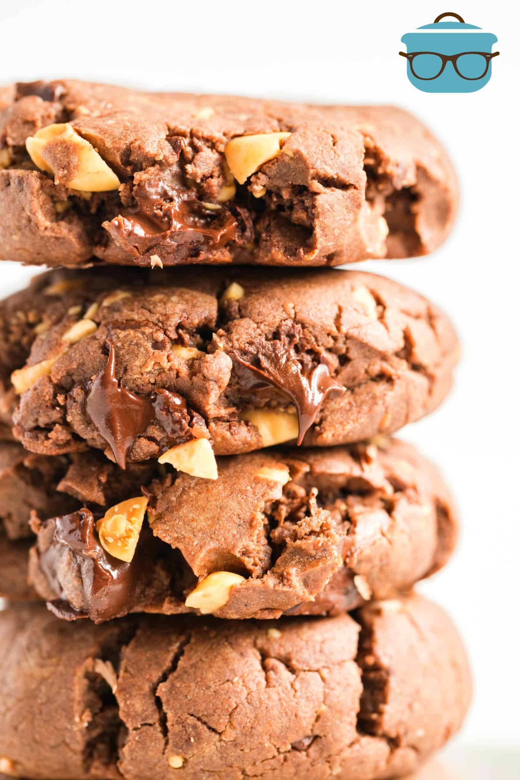 stacked, Chocolate Peanut Butter Cake Mix Cookies, shown closeup.