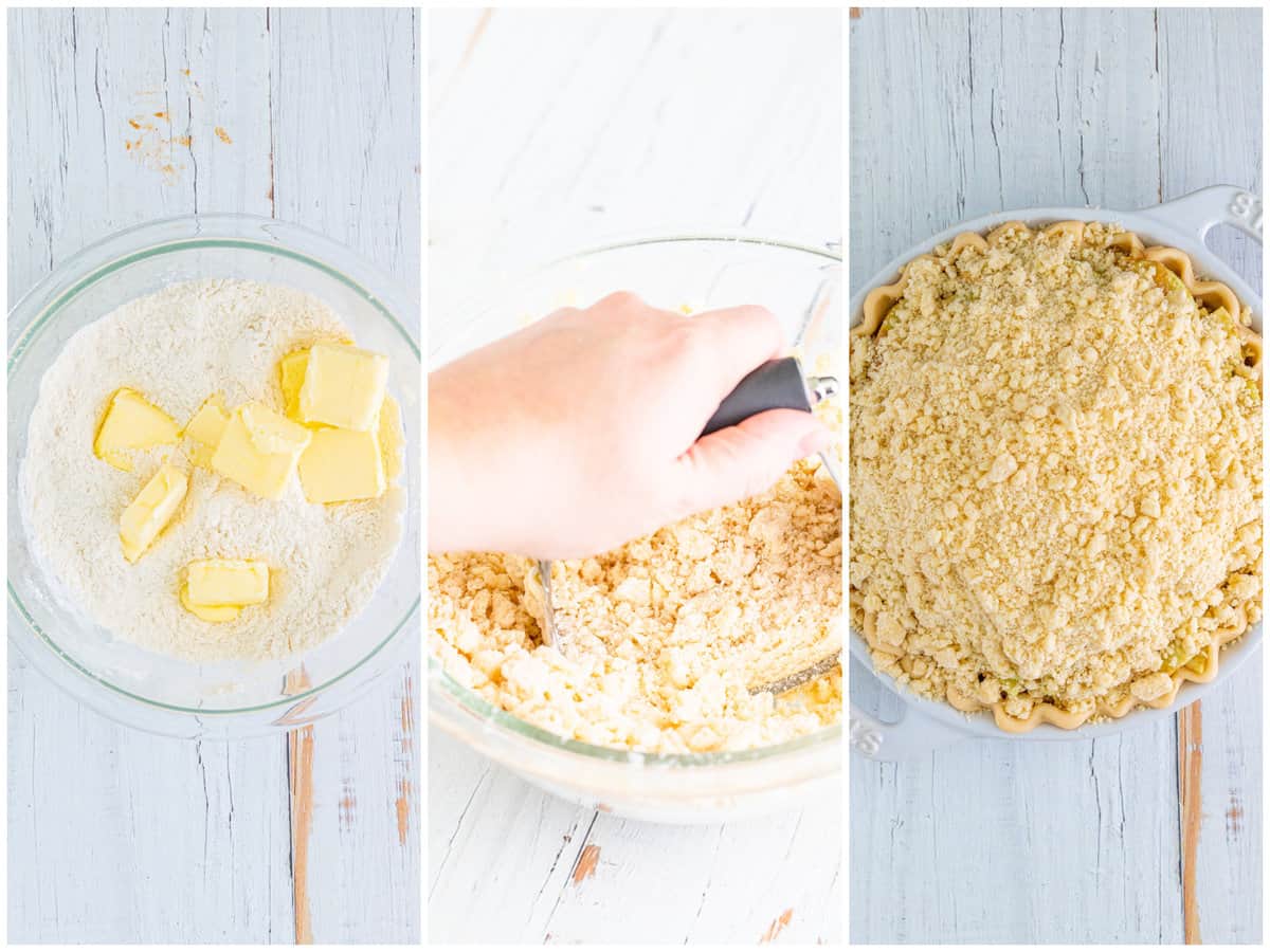 a collage of three photos: cubed butter in a bowl with flour and sugar, a pastry cutter mixing flour mixture in a bowl, crumble mixture sprinkled on top of apple pie in pie dish. 